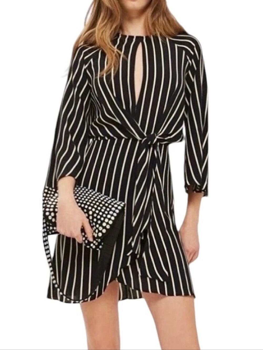 Topshop Striped Keyhole Knot Front 3/4 Sleeve Mini Wrap Dress Black Cream Size 8